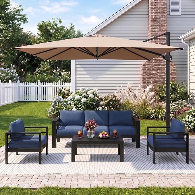 Wisteria Lane 5 Pieces Aluminum Patio Furniture Set with Umbrella, All Weather Oversized Outdoor Furniture Set with Deep Seat and Back Cushion, Patio Conversation Sets with Wide armrest, Blue & Kahki
