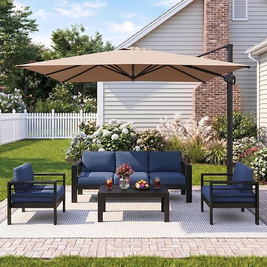 Wisteria Lane 5 Pieces Aluminum Patio Furniture Set with Umbrella, All Weather Oversized Outdoor Furniture Set with Deep Seat and Back Cushion, Patio Conversation Sets with Wide armrest, Blue & Kahki