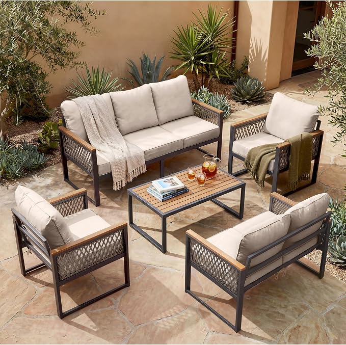 UPHA 5 Pieces Patio Furniture Set, Metal Outdoor Sectional Couch Set with Loveseat & 3-Seat Sofa, 2 Chairs, Coffee Table, Modern Patio Conversation Set for Porch Balcony Deck, 7 Seats, Beige