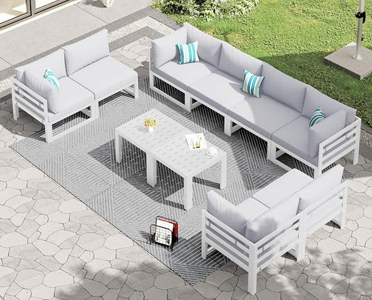 RADIATA 8 Seat Oversized Modern Aluminum Patio Furniture Set, Weather Resistant Modular Sectional Sofa with Coffee Table, 500 lbs Heavy Duty Comfortable Outdoor Couch for Exterior Backyard Deck, White