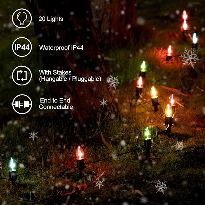 TIORIY Christmas Lights Outdoor 20 Pathway Lights - 24.2ft Multicolor Walkway Light with Stakes, C9 Driveway Light for Outside Yard Garden, Extendable for Xmas Holiday Decorations, 20 Lights