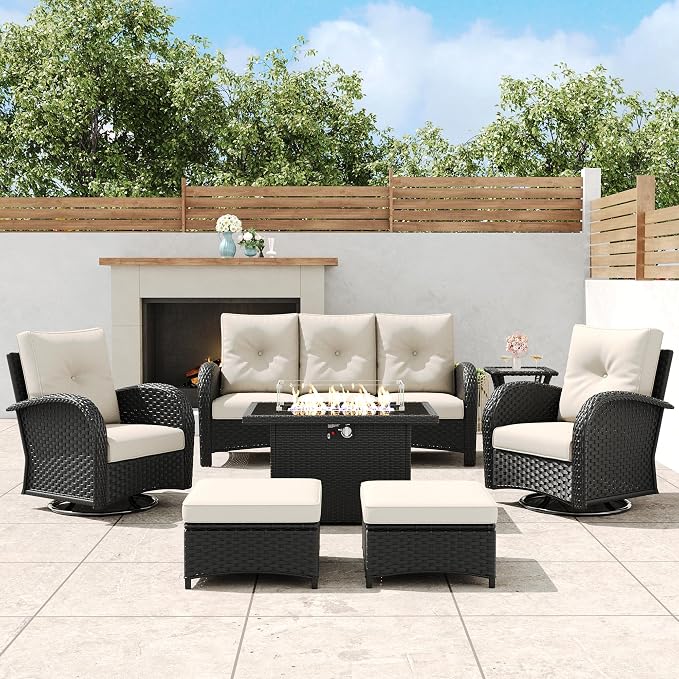 7 Pieces Outdoor Wicker Patio Swivel Rocking Chairs, All Weather Wicker Conversation Set with 44" Fire Pit Table