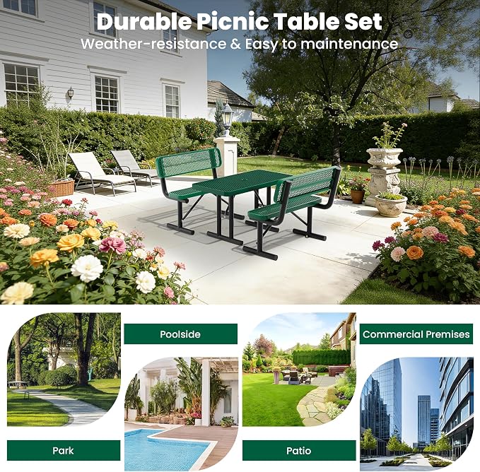 4FT Outdoor Metal Picnic Table with 2 Benches,Heavy Duty Rectangular Picnic Table Set for Outside, Waterproof Commercial Restaurant Table Furniture for Park, Campfield, Patio, Garden, Yard