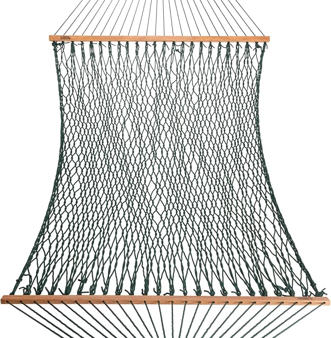 Hatteras Hammocks Executive Green DuraCord Rope Hammock – 13 ft. x 65 in., 2-Person, 450 lb Capacity, Cumaru Spreader Bar, Zinc-Plated Hardware – Handcrafted in The USA