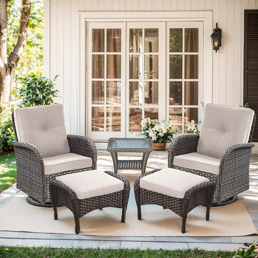 Outdoor Swivel Glider Rocker Chairs Set- 5 Piece Patio Furniture Set, Patio Bistro Sets with Tempered Glass Side Table and 2 Ottoman, for Balcony, Porch - Brown Wicker, Beige Cushion