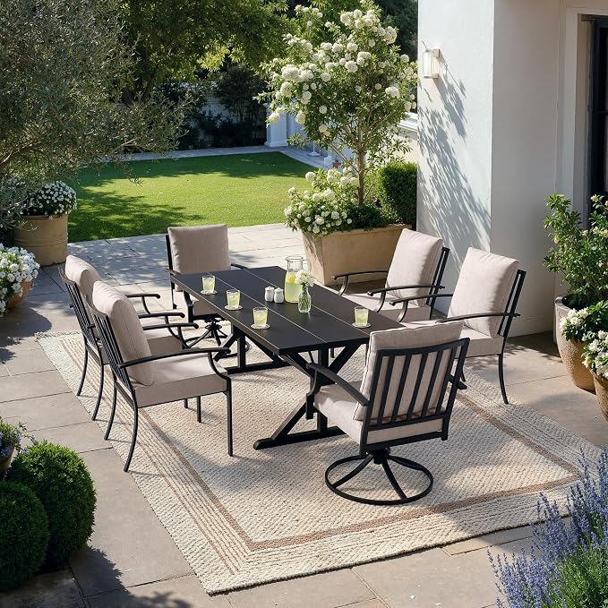 Kullavik 7 Pieces Outdoor Dining Set,Patio Dining Table and Chairs Set for 6,Fence Pattern Back Chairs with Thickened Cushions & X-Frame Metal Dining Table with Umbrella Hole for Patio,Sand