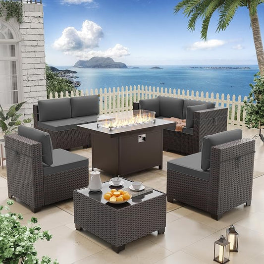 ALAULM 8 Pieces Patio Furniture Set with Aluminum Fire Pit Table Outdoor Furniture Sets 55000BTU Gas Fire Pit Brown PE Rattan Wicker Patio Conversation Sets w/6 Cushions-Grey