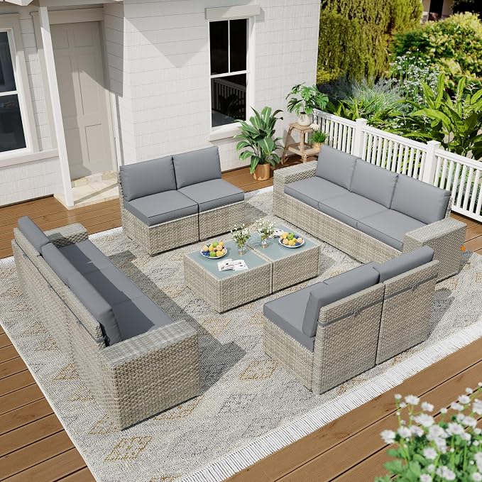 12 Piece Patio Furniture Set, 9.8" Wide Arm Sectional Sofa with Storage Armrests, All-Weather Rattan Outdoor Conversation Set for Garden, Porch, Lawn, Backyard, Balcony, Grey