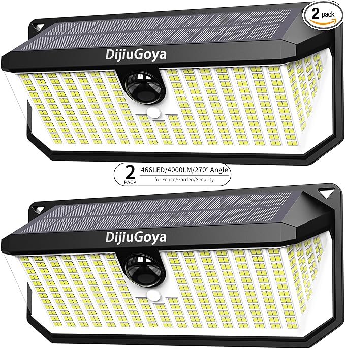 466 LEDs Solar Security Lights Outdoor with Motion Sensor, 2-Pack | 4000LM, Waterproof, 270° Wide-Angle Lighting, 3 Adjustable Modes, Easy Installation for Security, Patio, Fence, Deck, Garage