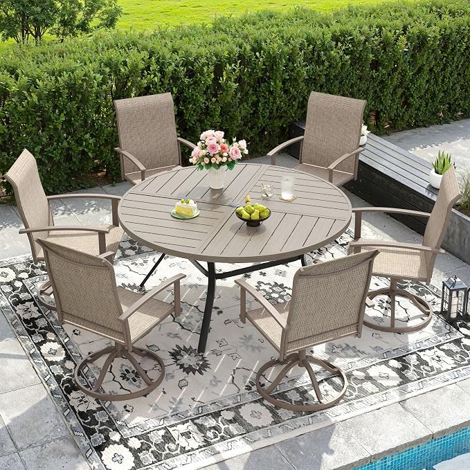 DIFY 7 Pieces Outdoor Dining Set, Metal Patio Table and Chairs Set for 6 with Umbrella Hole, 50" Grey Wood-Like Round Table and Sandshell Textilene Swivel Patio Chairs for Garden, Backyard, Poolside