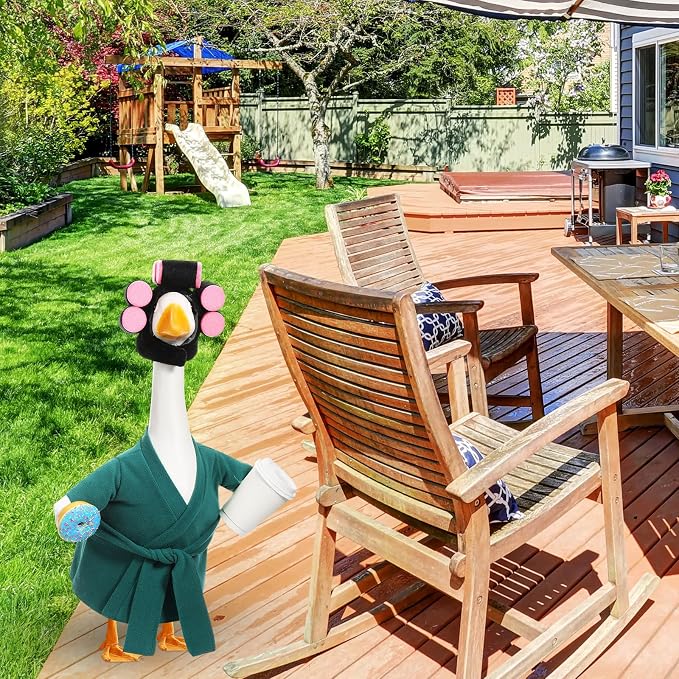 Shyyween Lady Porch Goose Outfit for 23 Inch Cement Plastic Statue Green Bathrobe Goose Clothes with Curlers Coffee Cup for Summer Lawn Garden Yard Patio Decor