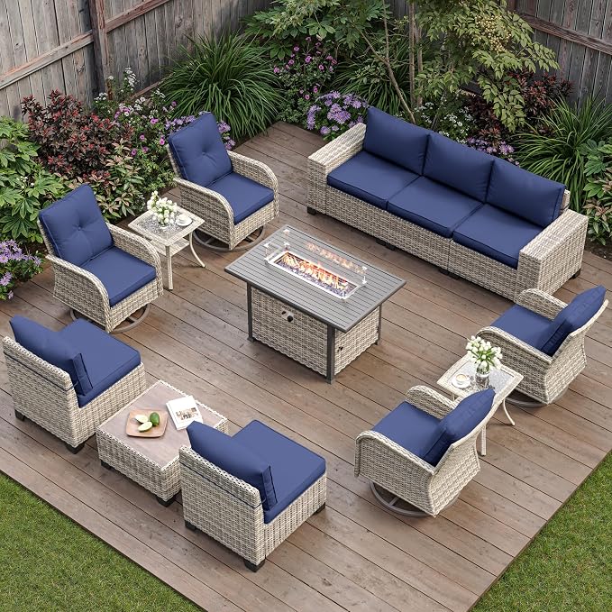 13-Piece Outdoor Patio Furniture Set with Rocking Swivel Chair, PE Wicker Rattan Sectional Sofa Patio Conversation Set with 55,000 BTU Fire Pit Table & Chunky Arms, Navy Blue