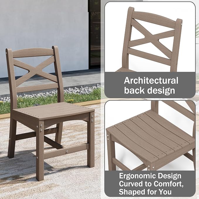 Outdoor Armless Dining Chairs Set of 8,HDPE Patio Chairs with Wide Seat,All-Weather HDPE Patio Armless Chairs for Porch, Backyard, Deck, White Brown, Table not Included