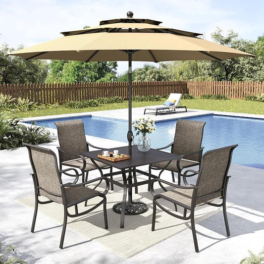 MFSTUDIO Outdoor Dining Set with Umbrella, Patio Dining Set for 4 Persons, Patio Furniture Set with Square Table & Textilene Chairs & Beige Umbrella (Base not Included)