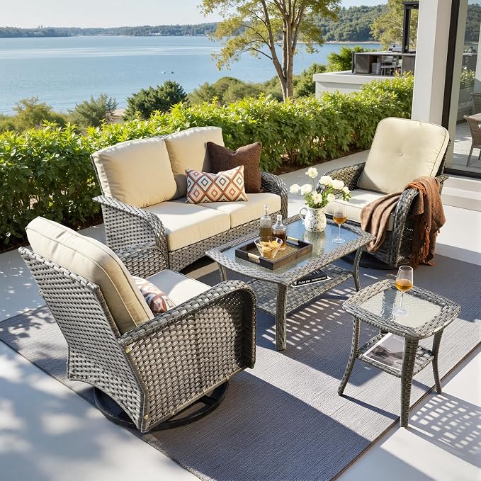 CAODOC 5 Pieces Patio Furniture Set,Outdoor Furniture with Rockers, Rattan Conversation Sets w/Coffee Table, Grey Wicker Light Beige Cushion