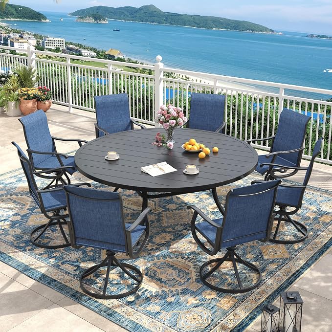 Outdoor Dining Set for 8, 63" Metal Round Outdoor Dining Table with Umbrella Hole and Sling Patio Swivel Chairs, 9 Pieces Patio Table and Chairs Set for Garden Backyard, Dark Blue and Black