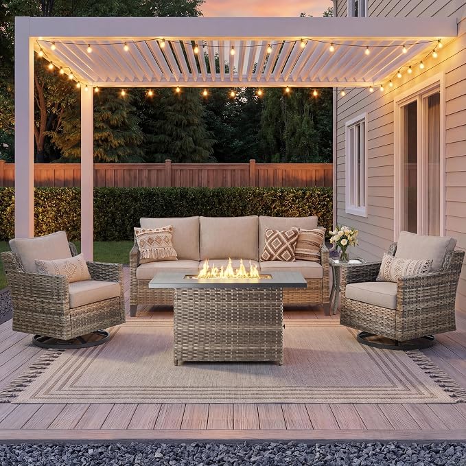 Outdoor Patio Furniture Set with 42.5" Fire Pit Table-5 Pieces All Weather Wicker Outdoor Furniture with High Back Swivel Patio Chairs Set of 2 Outdoor Patio Conversation for Deck Backyard Beige/Gray