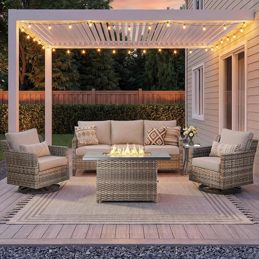 Outdoor Patio Furniture Set with 42.5" Fire Pit Table-5 Pieces All Weather Wicker Outdoor Furniture with High Back Swivel Patio Chairs Set of 2 Outdoor Patio Conversation for Deck Backyard Beige/Gray