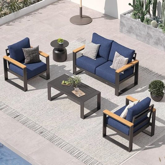 Sundale Outdoor Aluminum Patio Furniture Set, 4 Piece Outdoor Conversation Sets with Coffee Table and Washable Thick Cushions, All Weather Outdoor Sectional Set for Deck, Lawn, Yard (Navy Blue)