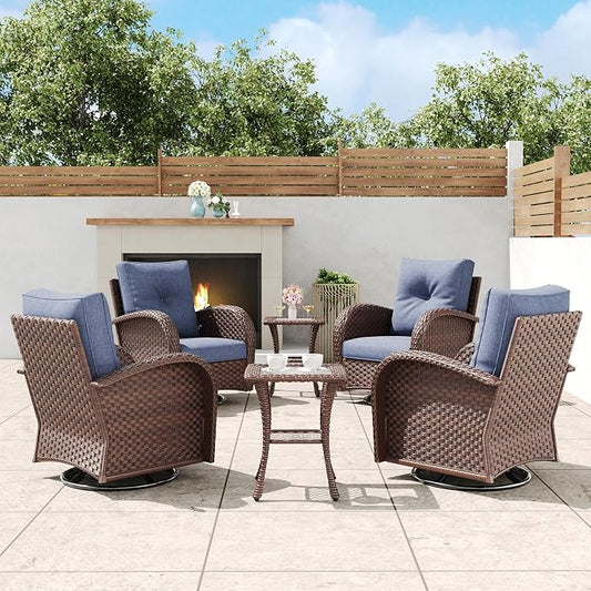 6 Pieces Outdoor Wicker Patio Swivel Rocking Chairs, All Weather Wicker Conversation Set with Side Table