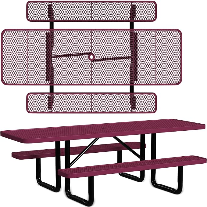 Leisure Craft Metal Picnic Table with Bench - 8 ft Rectangle Outdoor Dining Table with Umbrella Hole, Heavy Duty Thermoplastic Coating, ADA Compliant, Commercial Grade Furniture Made in USA - Burgundy
