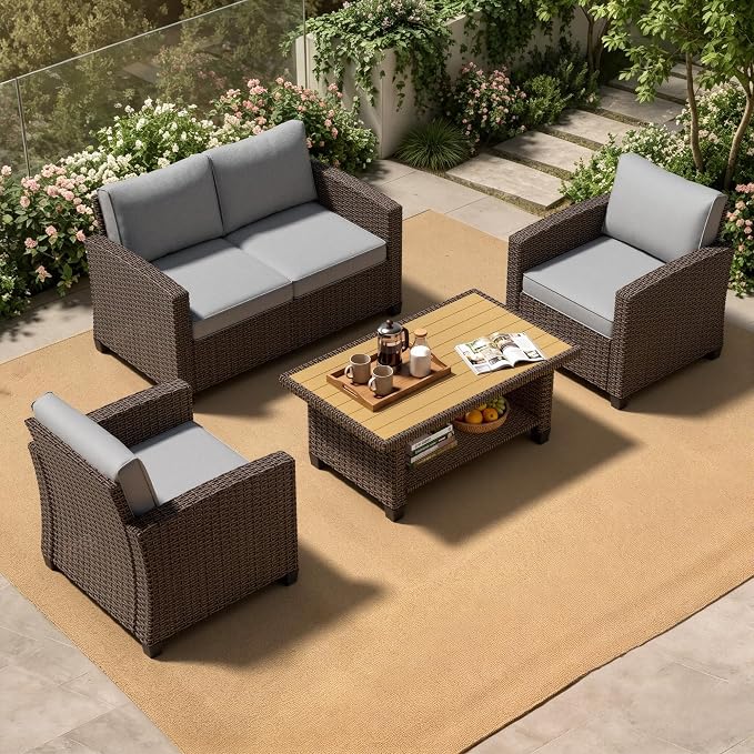 Patio Furniture Set - All-Weather - 4 Piece Wicker Outdoor Patio Conversation Set, Modular Rattan Sectional Sofa for Backyard, Garden, Patio, Poolside