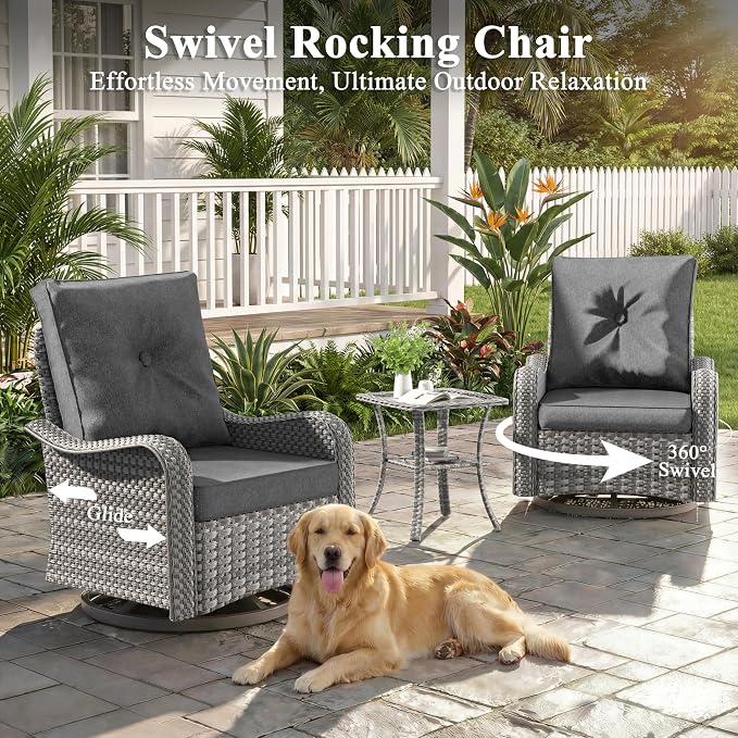 13 Piece Wicker Patio Furniture Set with 55,000 BTU Fire Pit Table, Swivel Rocking Chairs, 4''Cushions, PE Rattan, Wind Guard Glass, for Backyard, Deck or Balcony, Black