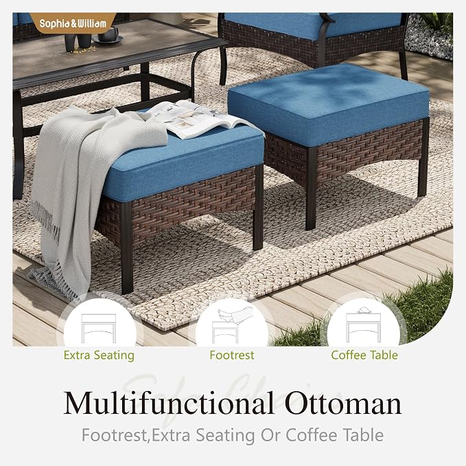 Sophia & William Patio Furniture Set with 56" Fire Pit Table, Metal Outdoor Conversation Set Patio Sectional with 3-Seater Sofas, 2 Swivel Chairs, 2 Ottomans, 1 Firepit Table for Porch Deck, Navy