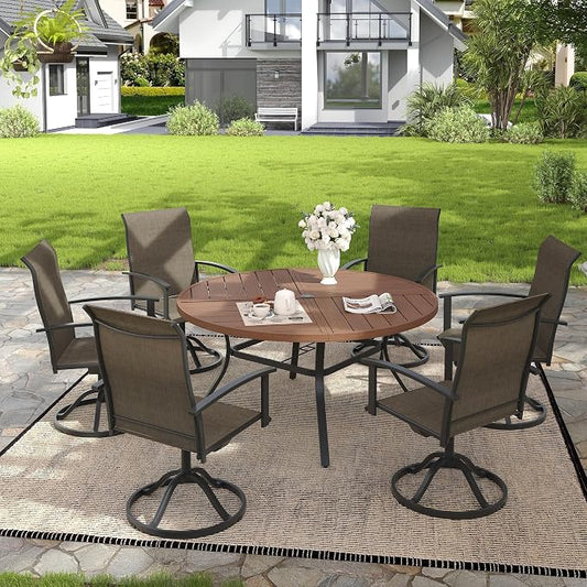 VICLLAX 7 Pieces Patio Outdoor Dining Set, 6 Swivel Textilene Chairs and 53" Round Metal Table with Umbrella Hole for Porch, Deck, Garden, Walnut/Brown