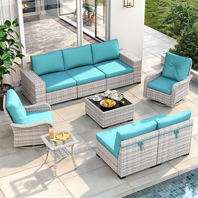 9 Piece Outdoor Patio Furniture Set with Swivel Chairs, 7-Seats Wicker Sectional Sofa Set with Thickened Cushions & Coffee Table for Garden, Backyard, Porch, Turquoise