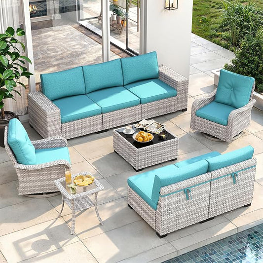 9 Piece Outdoor Patio Furniture Set with Swivel Chairs, 7-Seats Wicker Sectional Sofa Set with Thickened Cushions & Coffee Table for Garden, Backyard, Porch, Turquoise