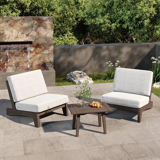 2 Piece Wood Patio Chair Outdoor Bistro Set, All Weather Outdoor Furniture Patio Sofa Chair Backyard Seating Group Conversation Sets with Cushions, Beige