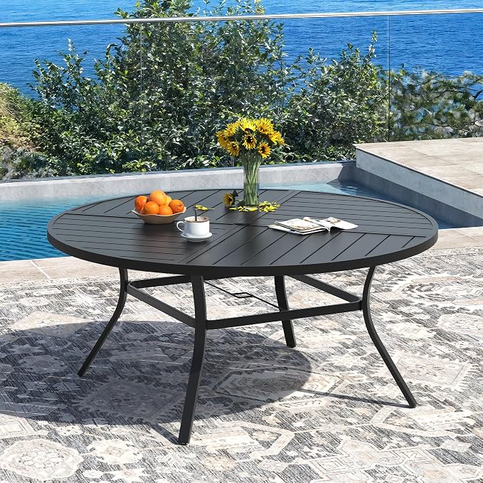 DIFY 11 Pieces Outdoor Dining Set, Metal Patio Table and Chairs Set for 10, 59.8" Round Dining Table with Umbrella Hole & Wicker Stackable Patio Chairs with Cushions, Black Tabletop