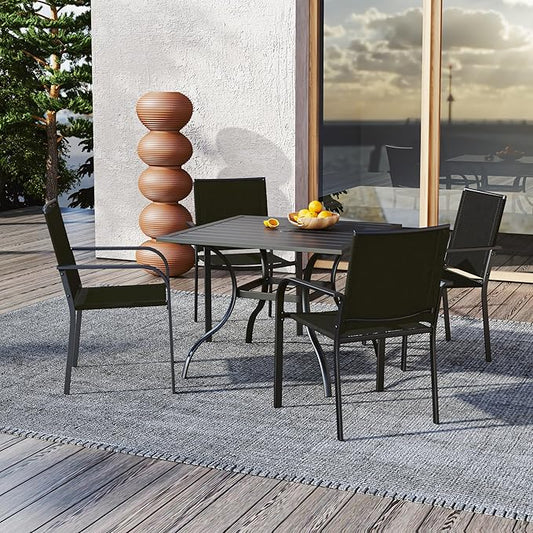 5 Piece Outdoor Black Stackable Chair and 35" Square Table Patio Dining Set | 4 Piece Stackable Chairs, Textilene Seat&Back, Metal Table, Slat Table Top, 4 Person Use, 1.57" Umbrella Hole, All Weather