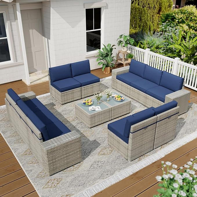 12 Piece Patio Furniture Set, 9.8" Wide Arm Sectional Sofa with Storage Armrests, All-Weather Rattan Outdoor Conversation Set for Garden, Porch, Lawn, Backyard, Balcony, Blue