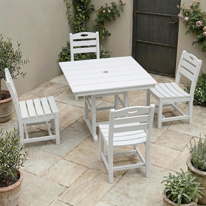 WILLIAMSPACE 37.8" Outdoor Patio Dining Set with 4 Armless Chairs, All Weather HDPE Square Dining Table with Umbrella Hole, Patio 5-Piece Bistro Set for Backyard, Balcony, Lawn, Kitchen (White)