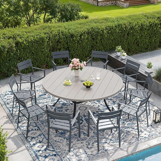 DIFY 11 Piece Outdoor Patio Dining Set for 10, Patio Table and Chairs Set with Umbrella Hole, 60" Round Dining Table and Stackable Metal Chairs for Backyard Garden Poolside, Grey Wood-Like & Grey