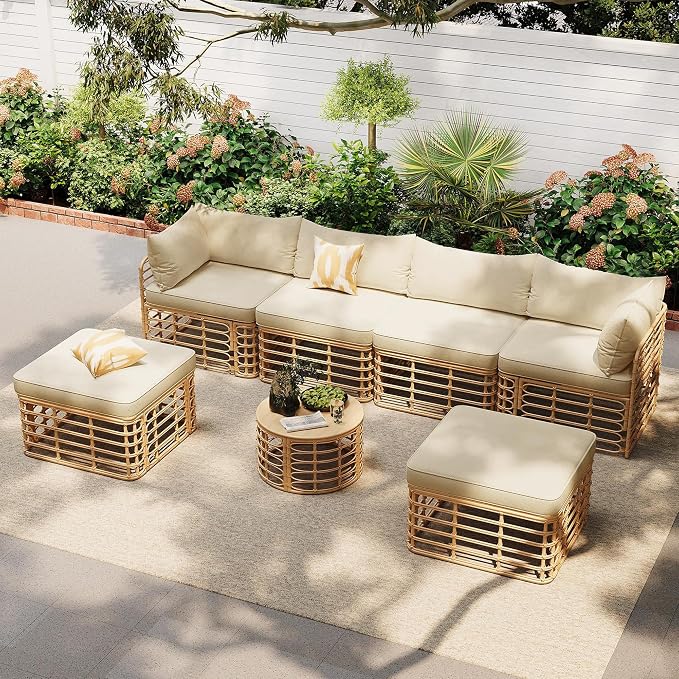 7 Pieces Outdoor Patio Furniture, All-Weather Rattan Sectional Sofa Set with Thick Cushions and Pillows, Freely Combined Conversation Sets for Garden, Backyard, Balcony (Brown#33)