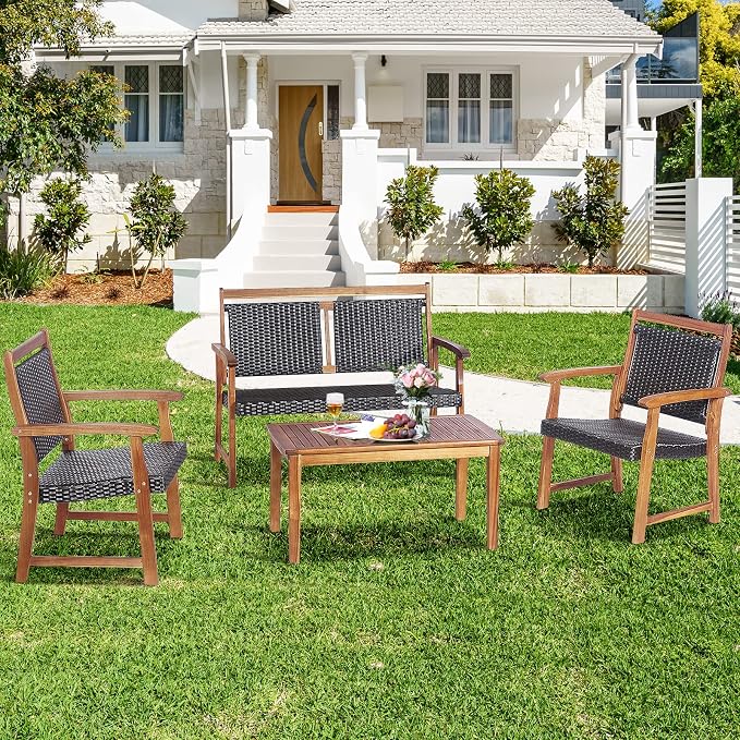 Tangkula 4 Pieces Patio Rattan Conversation Set with Acacia Wood Frame, Patiojoy Outdoor Furniture Set with Chairs & Coffee Table, Sectional Furniture Set for Garden, Backyard, Poolside