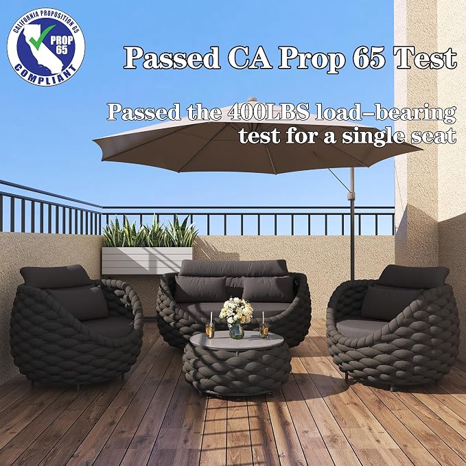 TWT Outdoor Patio Furniture Set-5 Pieces Aluminum Sectional Sofa, Metal Patio Conversation Set with Loveseat & Armchair, Textile Rope and Coffee Table, Dark Grey