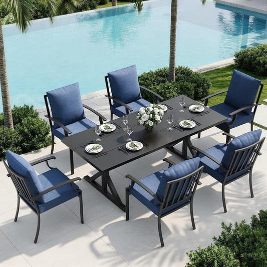 7 Piece Outdoor Dining Set for 6, Metal Patio Table and Chairs with Cushions, Patio Furniture Set with 6 Stackable Chairs, Rectangular Metal Dining Table with Umbrella Hole, Lawn Deck Yard-Navy