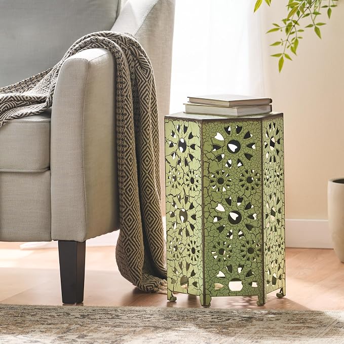 Merax Iron Patio Side Table with Sunburst Cut Out Design 12"x18.5" Outdoor End Table Hexahedron Accent Table (Green)