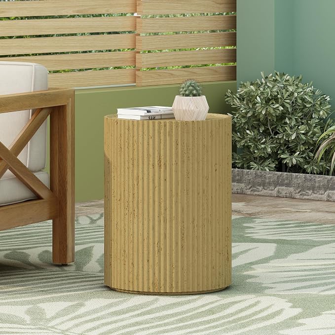 Outdoor Side Table Round Cylinder Side Table Concrete End Tables Small Stone Coffee Tables Patio Garden Stool Plant Stand for Porch, Backyard Balcony,Weather Resistant, MgO,Gold
