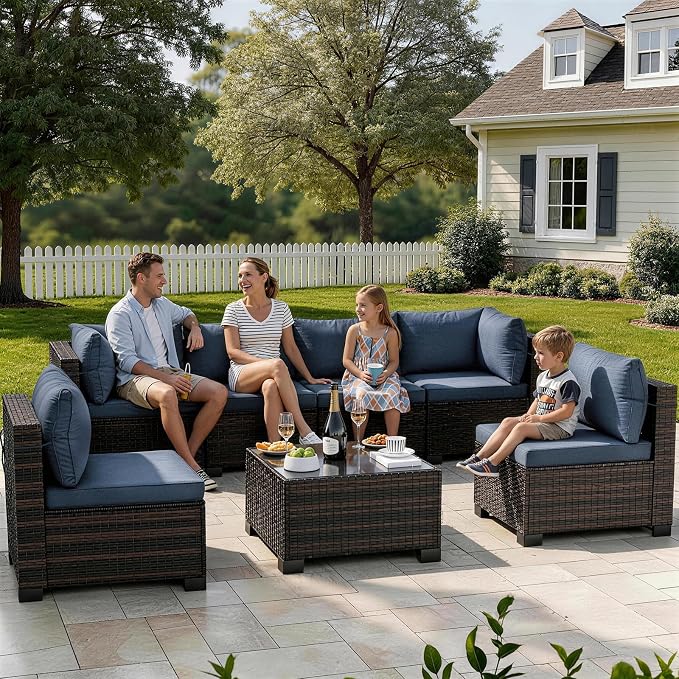 LAFWLL 7 Pieces Outdoor Patio Furniture Sets,Rattan Conversation Sectional Set,Manual Weaving Wicker Patio Sofa with Tea Table
