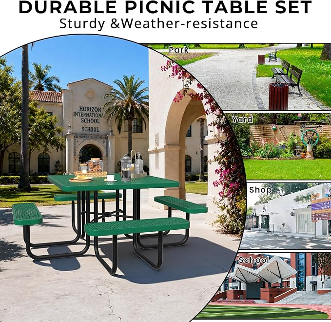 All-Weather Square Outdoor Picnic Table, Commercial Picnic Table Bench Set with Umbrella Hole, Thermoplastic Coated Metal Dining Tables for School, Stores, Park, Patio, Yard, Green