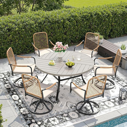 DIFY 7 Pieces Outdoor Dining Set, Metal Patio Table and Chairs Set for 6, 50" Round Dining Table with Umbrella Hole & Wicker Swivel Patio Chairs with Cushions, Grey Wood-Like Tabletop