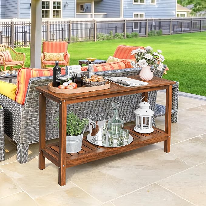 Wooden Console Table, 48in 2-Shelf Solid Wood Patio Side Table, Indoor Outdoor Buffet Bar Organizer with Foot Sliders (Natural)