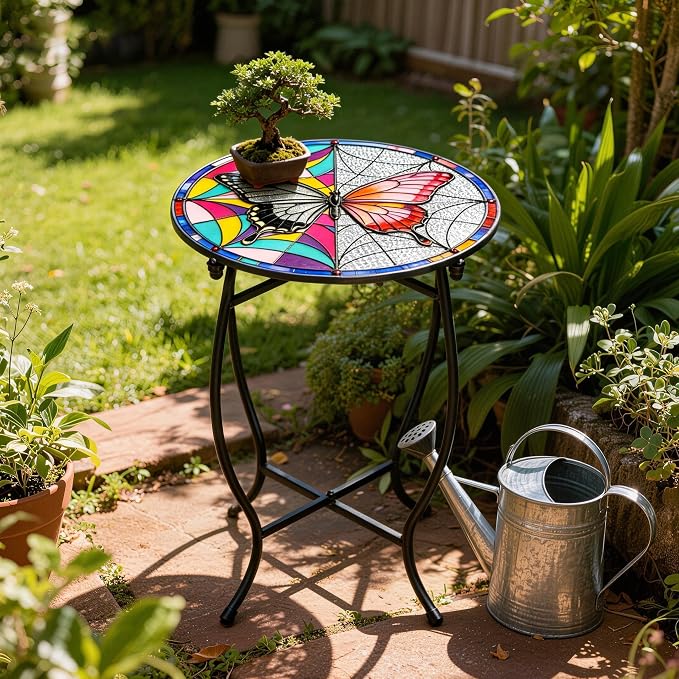 Outdoor Side Table, Indoor Outdoor Small Round Table, Weather Resistant Black Metal Side Table for Livingroom Patio Balcony Yard Porch Garden, 14” Diameter and 17” H Patio Accent Table Plant Stand
