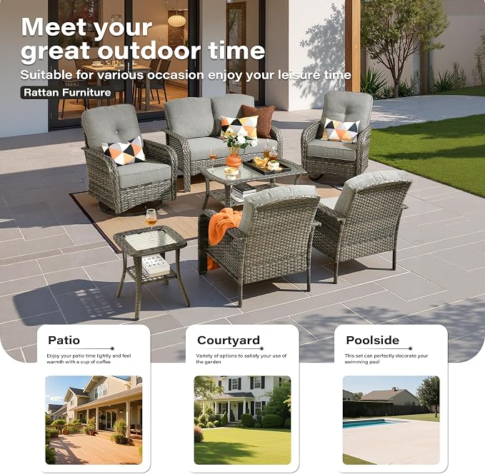 7 Pieces Patio Conversation Sets,Patio Furniture Set with Swivel Rocking Chairs,Coffee Table, Side Table, All Weather Rattan Wicker Outdoor Sectional Furniture Set for Porch Balcony Backyard Dark Gray