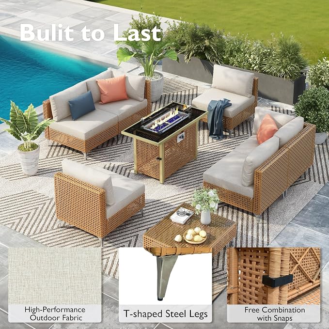 YOPTO 7-Piece Outdoor Conversation Sectional Sofa Set with Water Resistant Thick Cushions & Coffee Table,Wicker Patio Furniture Set W/Removable Cushions Cover,DIY Combination,for Porch,Backyard,Beige